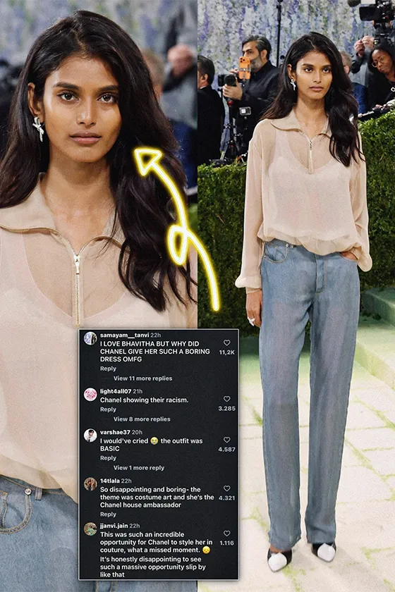 Бхавита Мандава на Met Gala 2026: модель индийского происхождения появилась в костюме из муслина с принтом «под деним», что вызвало обвинения Chanel в расизме