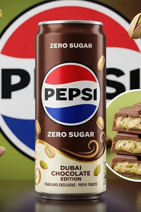 Таиланд: бутылка новой Pepsi со вкусом дубайского шоколада на полке магазина