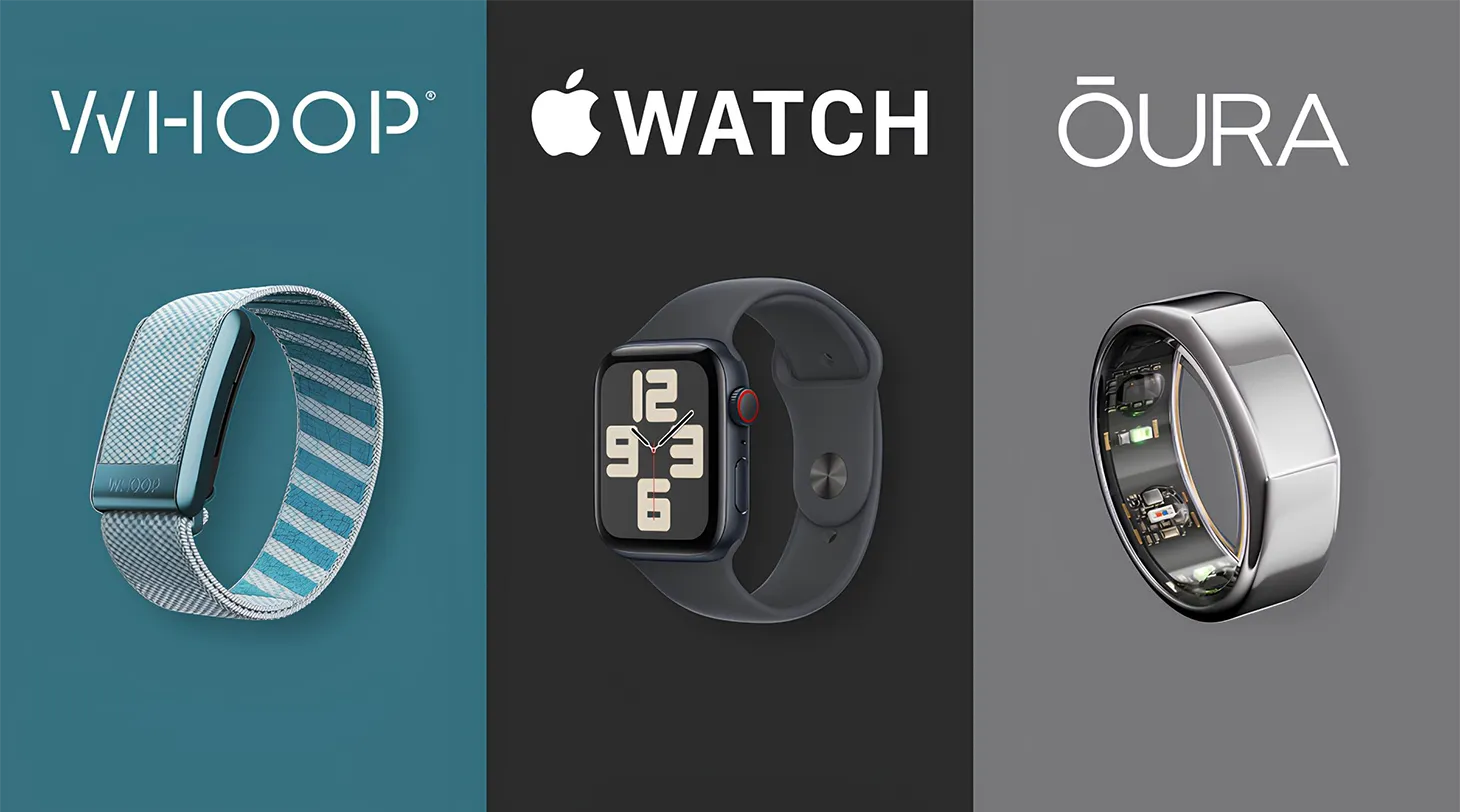 Четыре фитнес-трекера на одном запястье: Apple Watch, Whoop, Fitbit Air и кольцо Oura во время недельного сравнительного теста