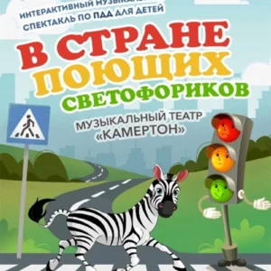Артисты музыкального театра «Камертон» в ярких костюмах дорожных знаков и светофора на фоне сцены